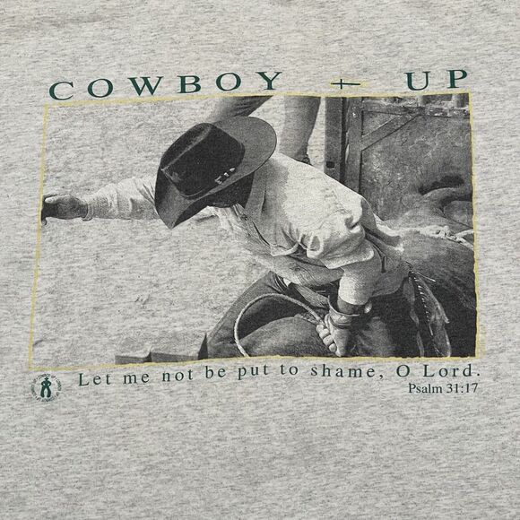 Vintage Adult Shirt Large Grey Rodeo Cowboy Up Riding Logo Hanes Heavyweight - Picture 5 of 7